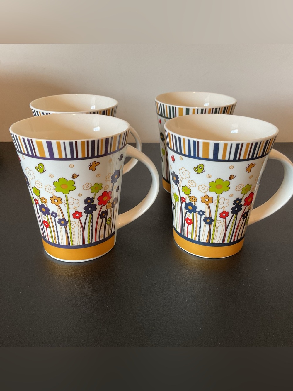 NWT Colorful Floral & Butterflies Stripe Ceramic Mugs, Set of 4
